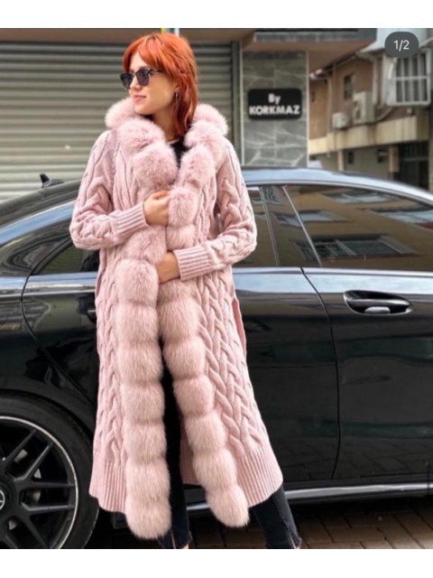 Long Hooded Knit with Front Fox Fur